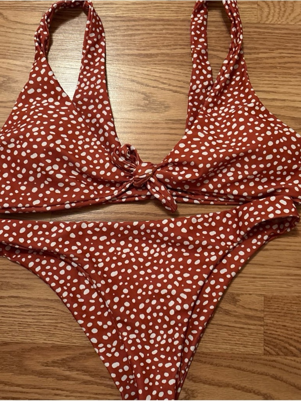 Never worn! Rust Red & White Polka Dot Tie-Front Bikini Set